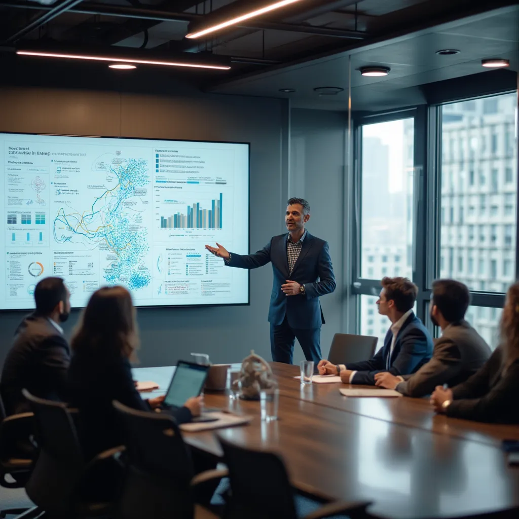 Consultor principal presentando estrategias innovadoras a un grupo de clientes atentos en una sala de reuniones moderna